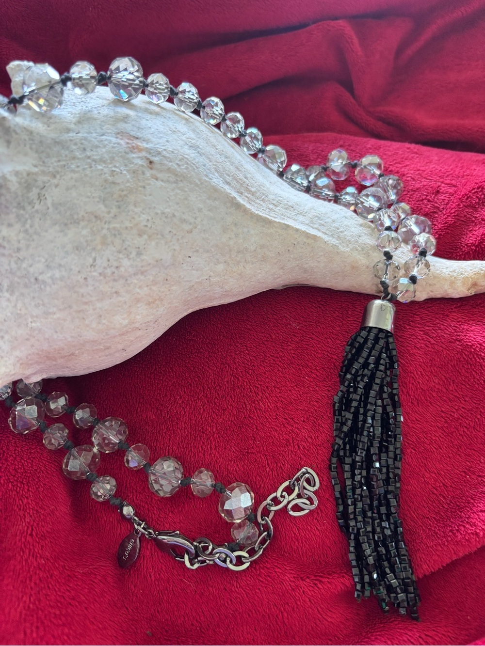 Chico’s 16” Gray Bead Lariat Necklace with 4” Drop Black Tassel - Women Jewelry